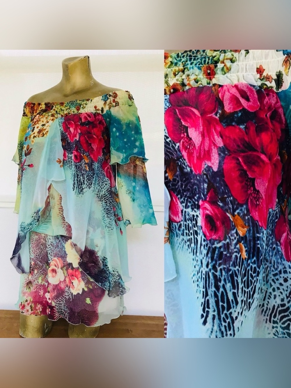 TUCCI Vintage Floral Chiffon OFF SHOULDER  Tunic Top / MINI DRESS S